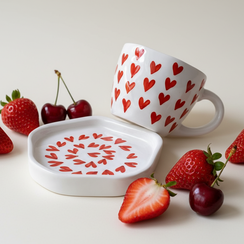 Crimson Hearts Cup & Plate Set